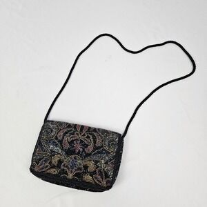 Lillian Vernon Black Beaded Clutch Purse Vintage Art Deco Evening Bag Formal
